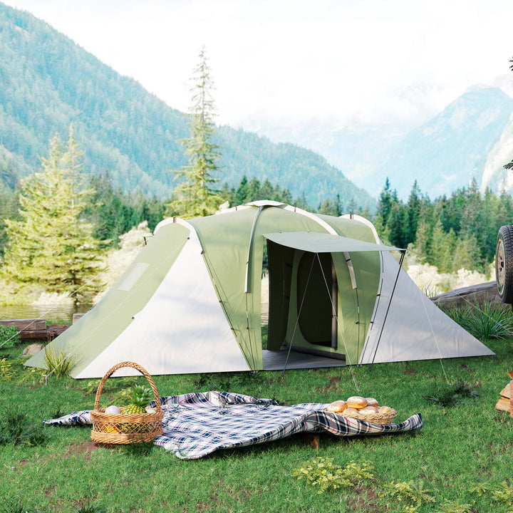 Large Camping Tent Tunnel Tent with 2 Bedroom and Living Area, 2000mm Waterproof, Portable with Bag for 4-6 Man, Green