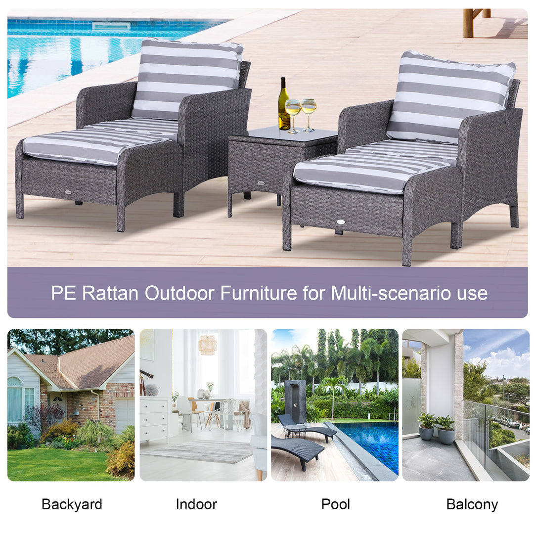 Outsunny Waterproof Rattan Garden Set: 2 Seater with Armchairs, Stools, Glass-Top Table, Cushions, Wicker Weave, Outdoor Seating | Aosom UK