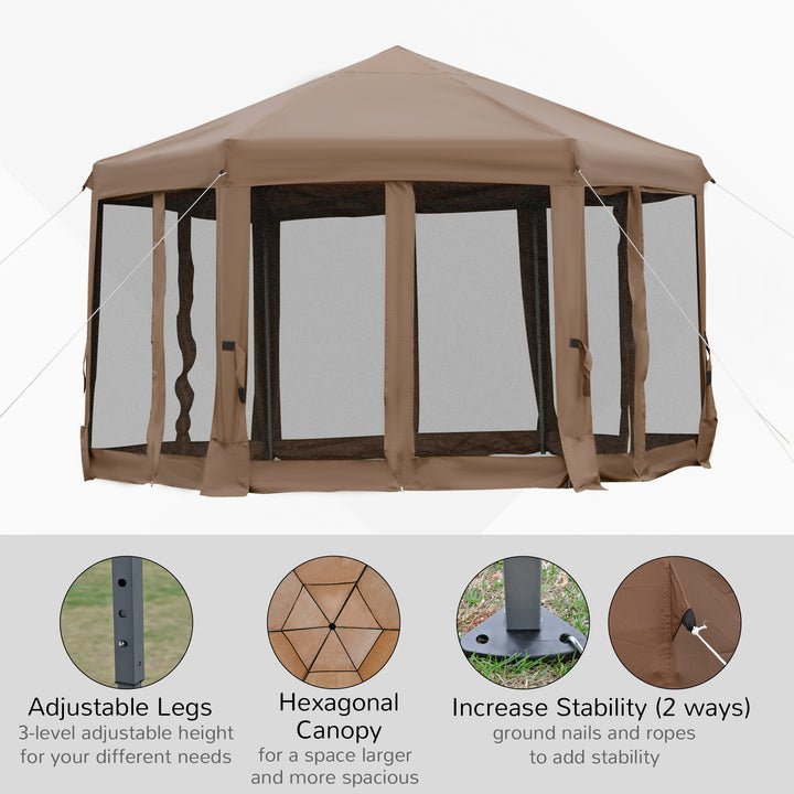 Outsunny 3.2m Pop Up Gazebo Hexagonal Canopy Tent Outdoor Sun Protection with Mesh Sidewalls, Handy Bag, Brown