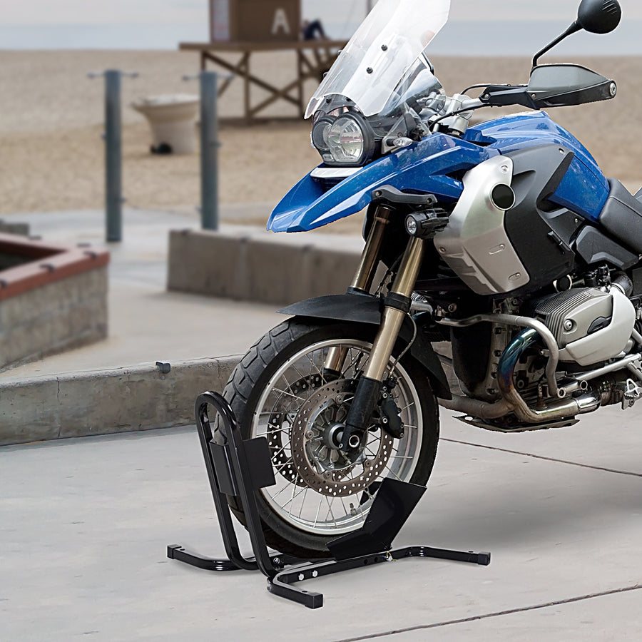 Metal Motorcycle Motorbike Wheel Chock Locking Stand System 17”,19”,21”/43,48,51 Cm Front Wheels Steel Adjustable Fixing Tyre Holder Support