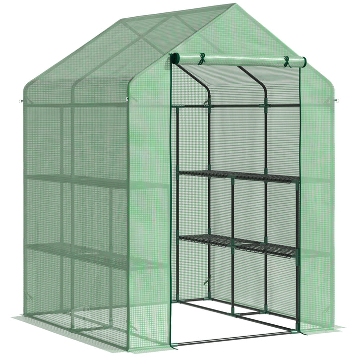 Outsunny Lean-to Greenhouse with Shelving: Removable Cover Steeple Polytunnel for Nurturing Plants, 143x138x190cm, Verdant | Aosom UK