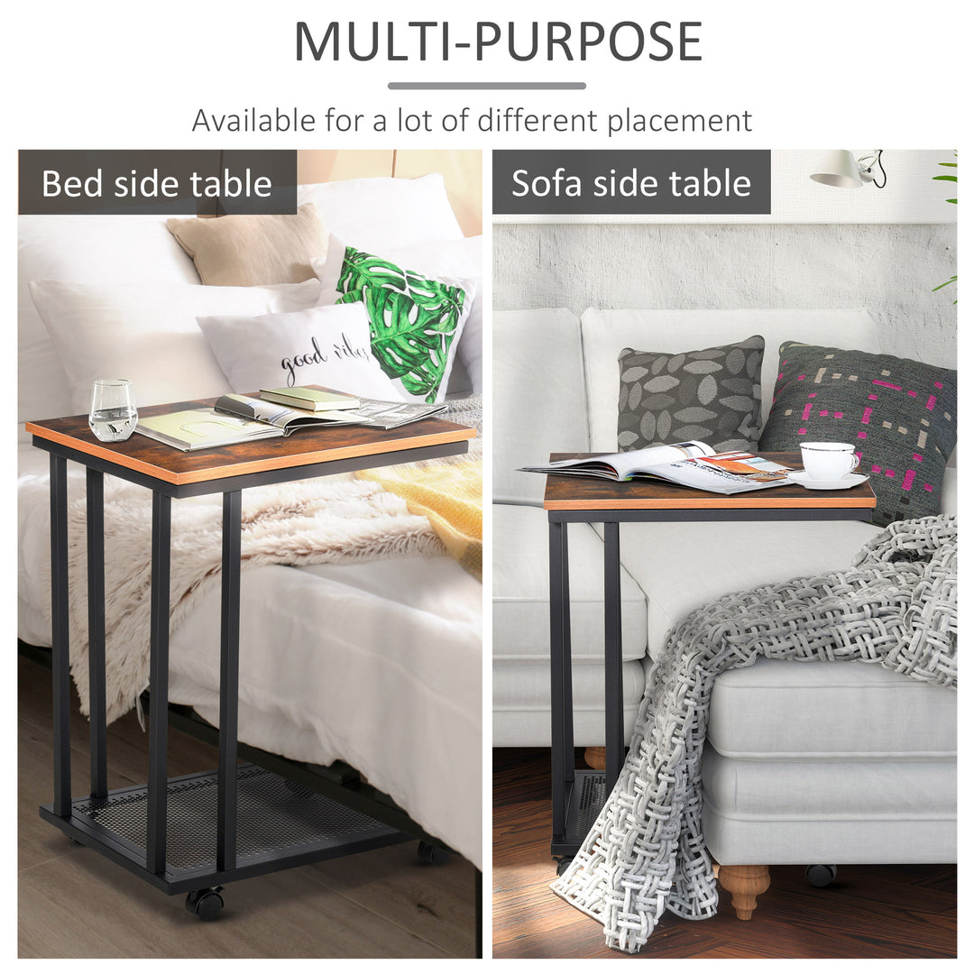 C Shaped Side Table Set of 2 with Wheels, Mobile End Table, Laptop Stand with Metal Frame and Storage Shelf, Rustic Brown