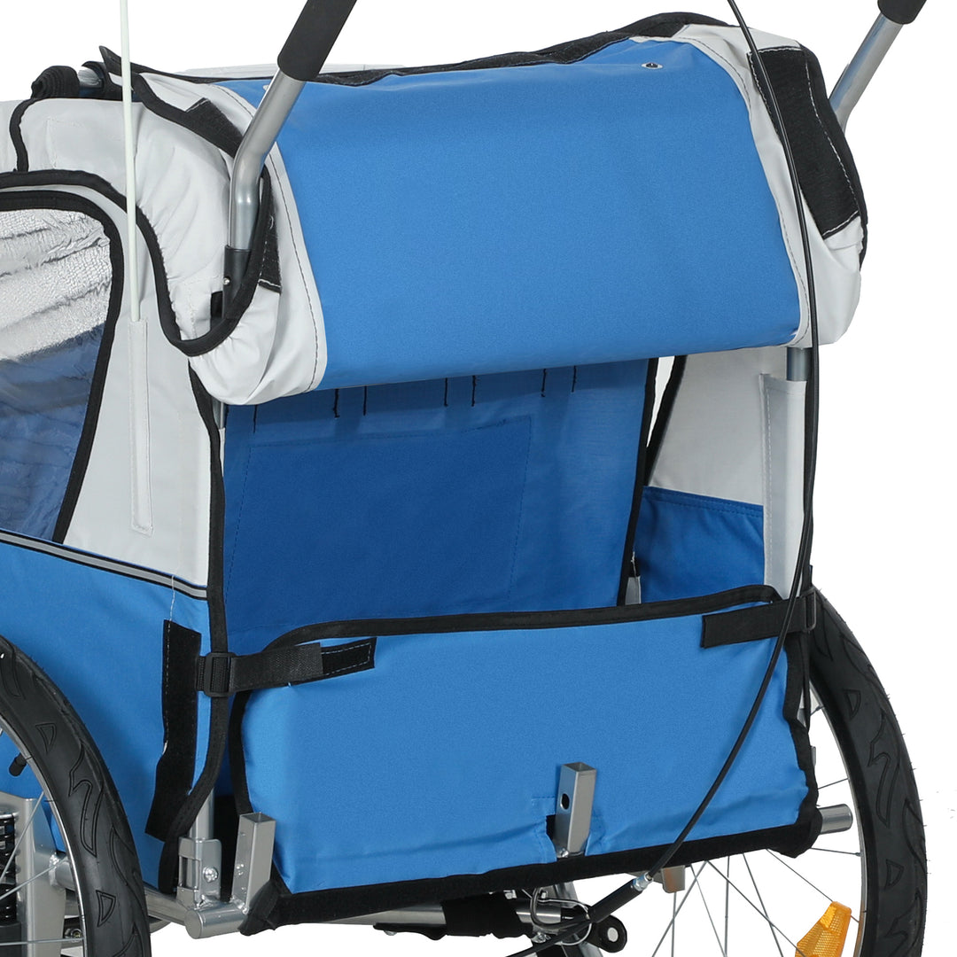 2 Seat Bike Trailer with 5 Point Harness, Baby Bike Stroller with Safety Flag, Reflectors, for 18+ Months, Blue