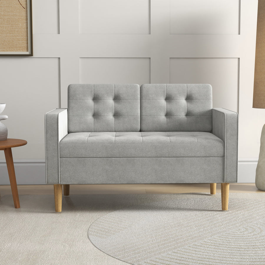 Modern 2 Seater Sofa with Hidden Storage, 117cm Tufted Cotton Couch with Wood Legs, Compact Loveseat for Living Room, Kitchen, Light Grey