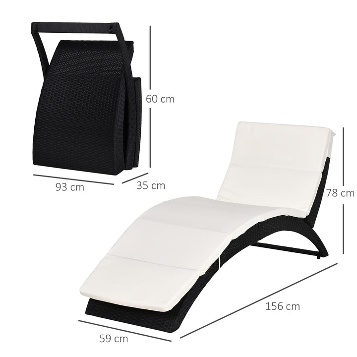 Outdoor Foldable PE Rattan Sun Lounger with Soft Padded Cushion, Ergonomic Curved Design Sun Bed for Balcony, Garden, Black