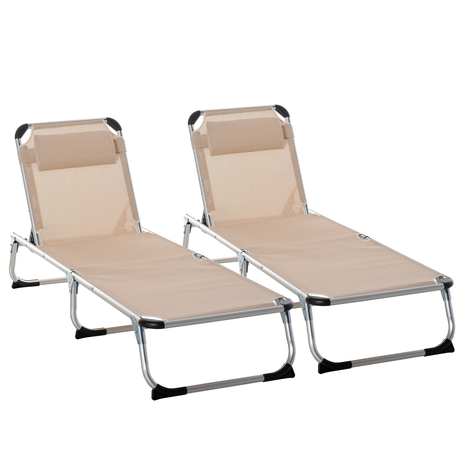 Foldable Outdoor Sun Loungers Set of 2, Reclining Lounge Chair Camping Bed Cot with Pillow 4-Level Adjustable Back Aluminium Frame, Khaki