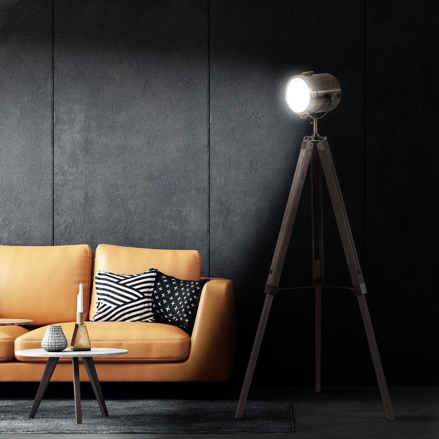 Industrial Tripod Floor Lamp, Nautical Searchlight with Adjustable Height, Wood Legs, E14 Lamp Base for Living Room, Bedroom, Grey and Bronze