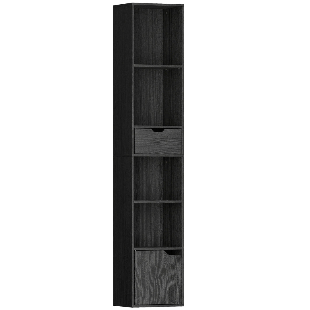 6-Tier Bookcase, Tall Narrow Bookshelf with Drawer and Door - Black