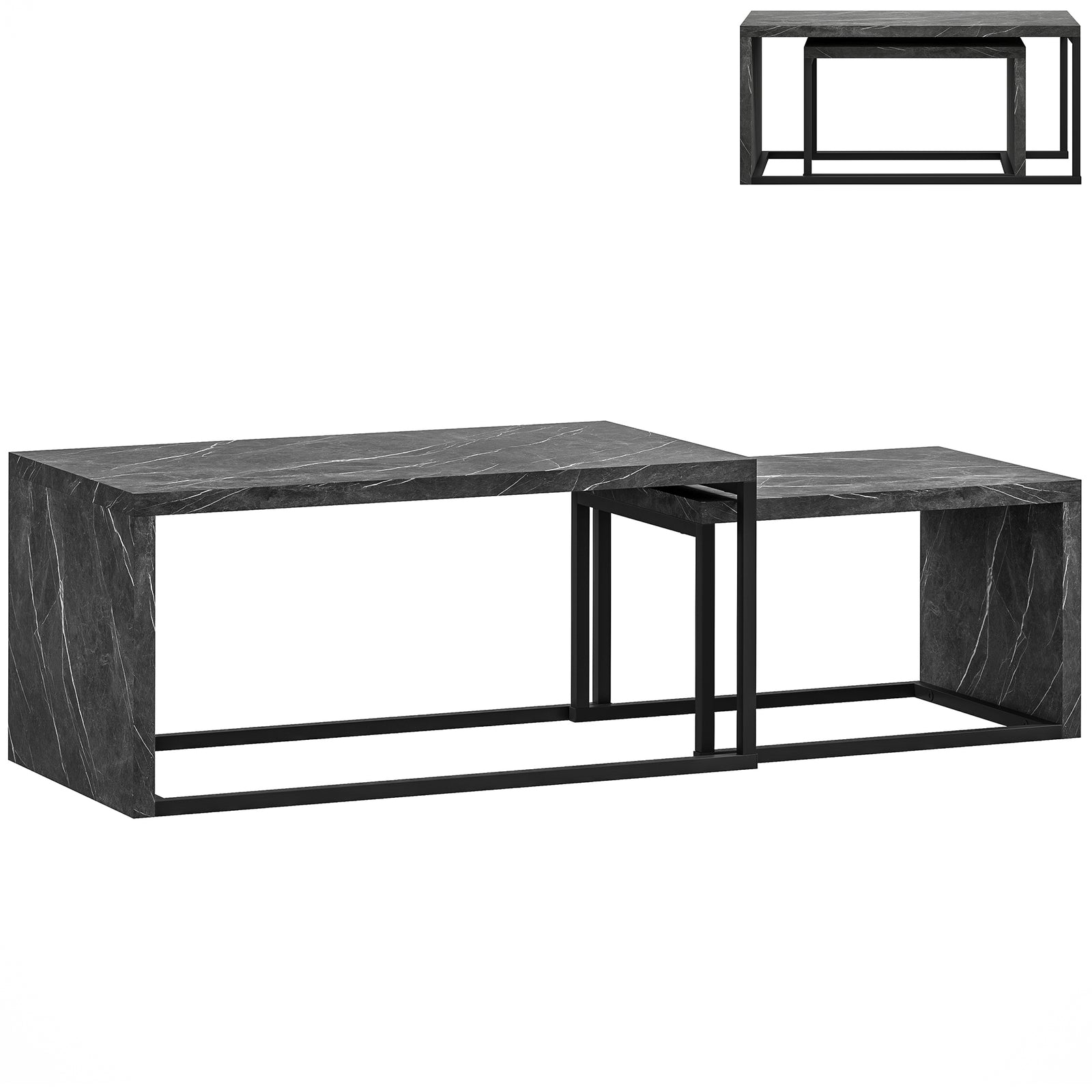Coffee Tables Set of 2, Industrial Nest of Tables with Metal Frame for Living Room Bedroom, Dark Grey Marble Effect