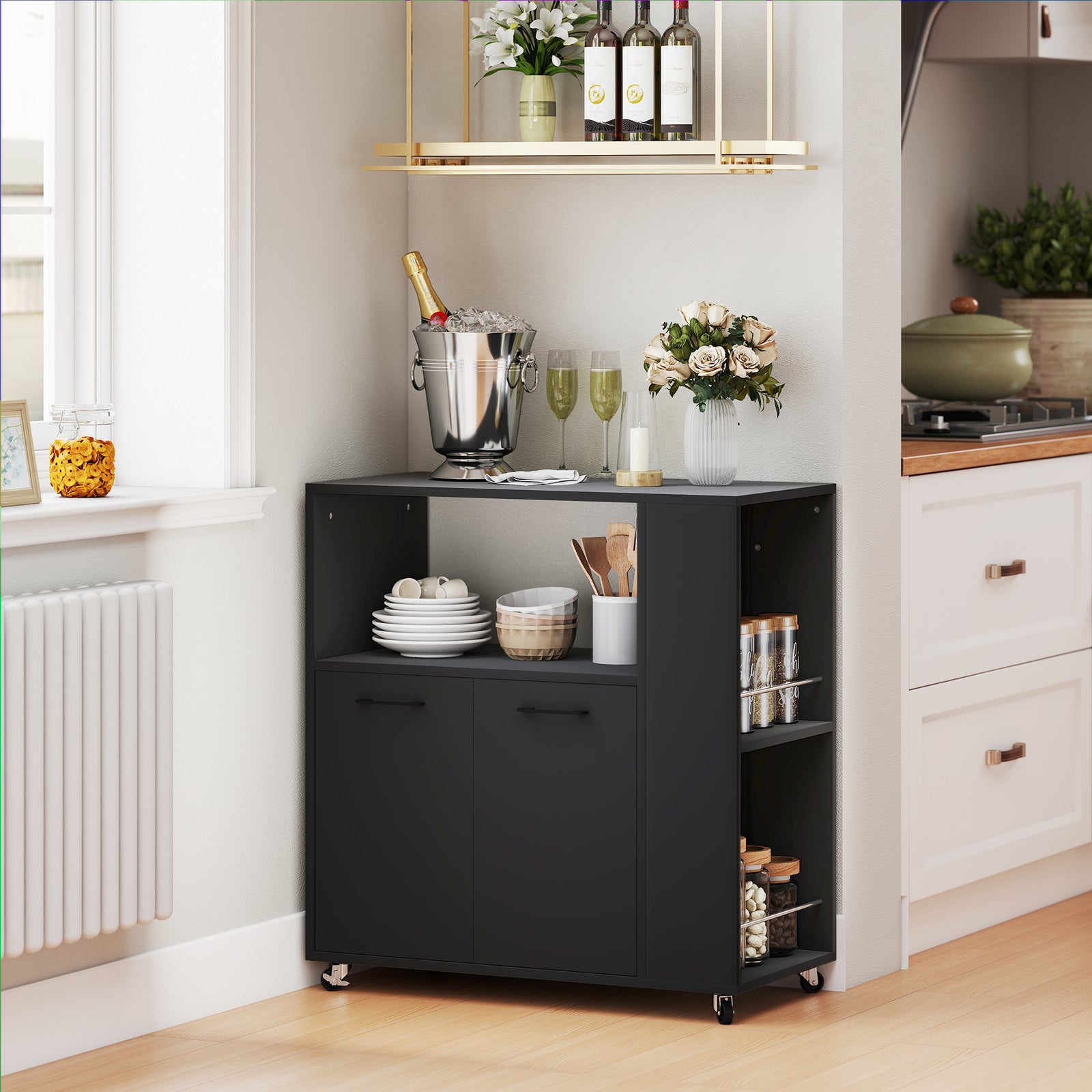 Kitchen Trolley on Wheels, Rolling Kitchen Island Cart with 2-Door Cab