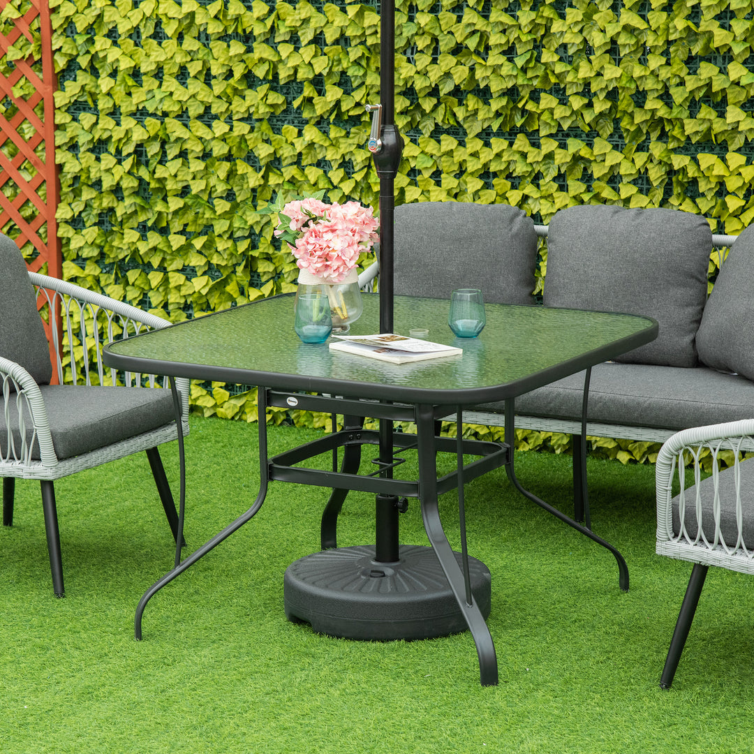 Outsunny Garden Dining Table, Square, Outdoor, with Parasol Hole, Tempered Glass Top, Steel Frame, Black.