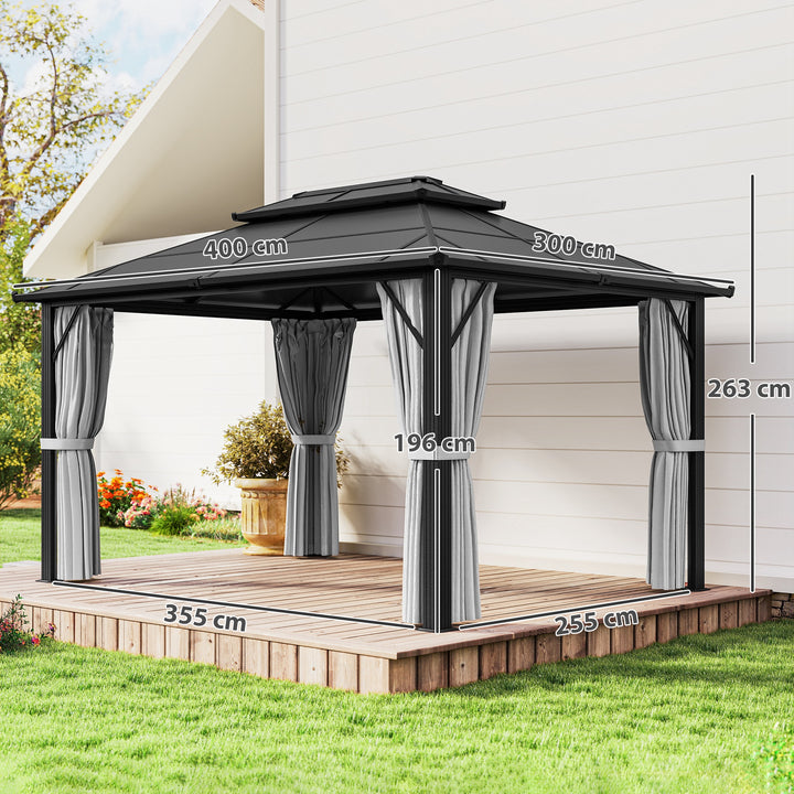 3 x 4m Hardtop Gazebo Canopy with UPF30+ Double Polycarbonate Roof, Aluminium Frame Garden Gazebo Permanent Pavilion with Mosquito Netting and Curtains for Patio, Deck, Grey