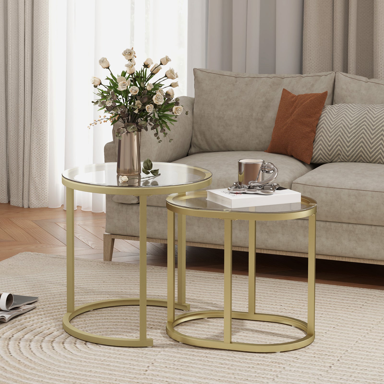 Modern Coffee Table Set of 2, Nest of Tables with Steel Frame and Tempered Glass Tabletop, Side Tables for Living Room Bedroom, Clear