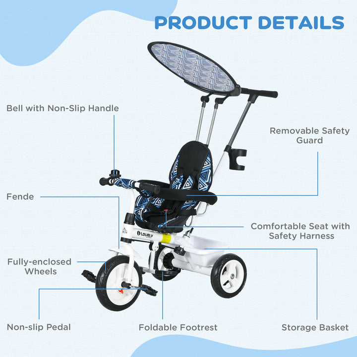 HOMCOM 4 in 1 Tricycle for Kids with 5-point harness straps, Removable Canopy, Blue | Aosom UK