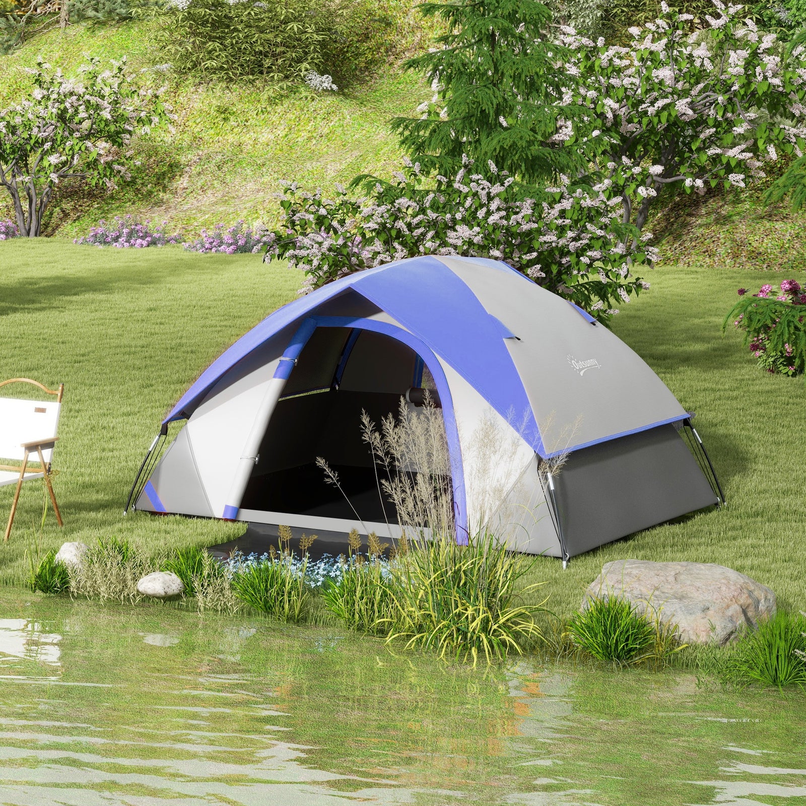 Two Man Single Room Dome Tent, with Accessories - Dark Blue/Grey