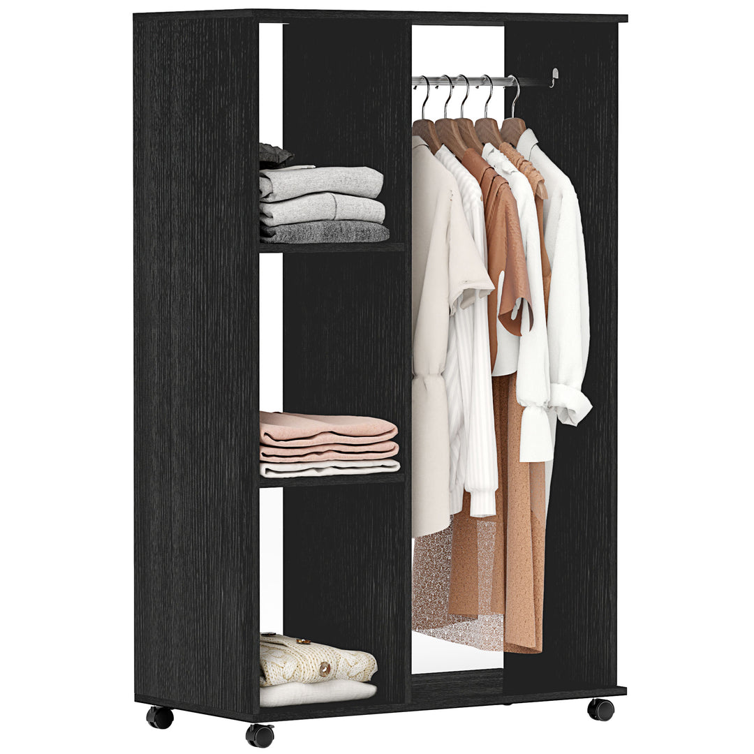MCL Open Wardrobe on Wheels, Bedroom Wardrobe with Clothes Hanging Rail, 3 Storage Shelves, Mobile Garment Rack for Cloakroom, Hallway, Black