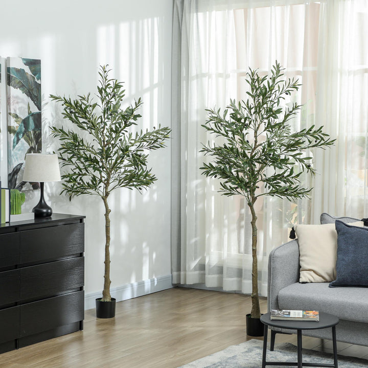 Set of 2 6ft/ 180cm Decorative Artificial Plant, Silk Olive Tree with 900 Leaves and 40 Olive Fruits in Pot, Fake Plant for Home, Office, Living Room, Indoor Decor