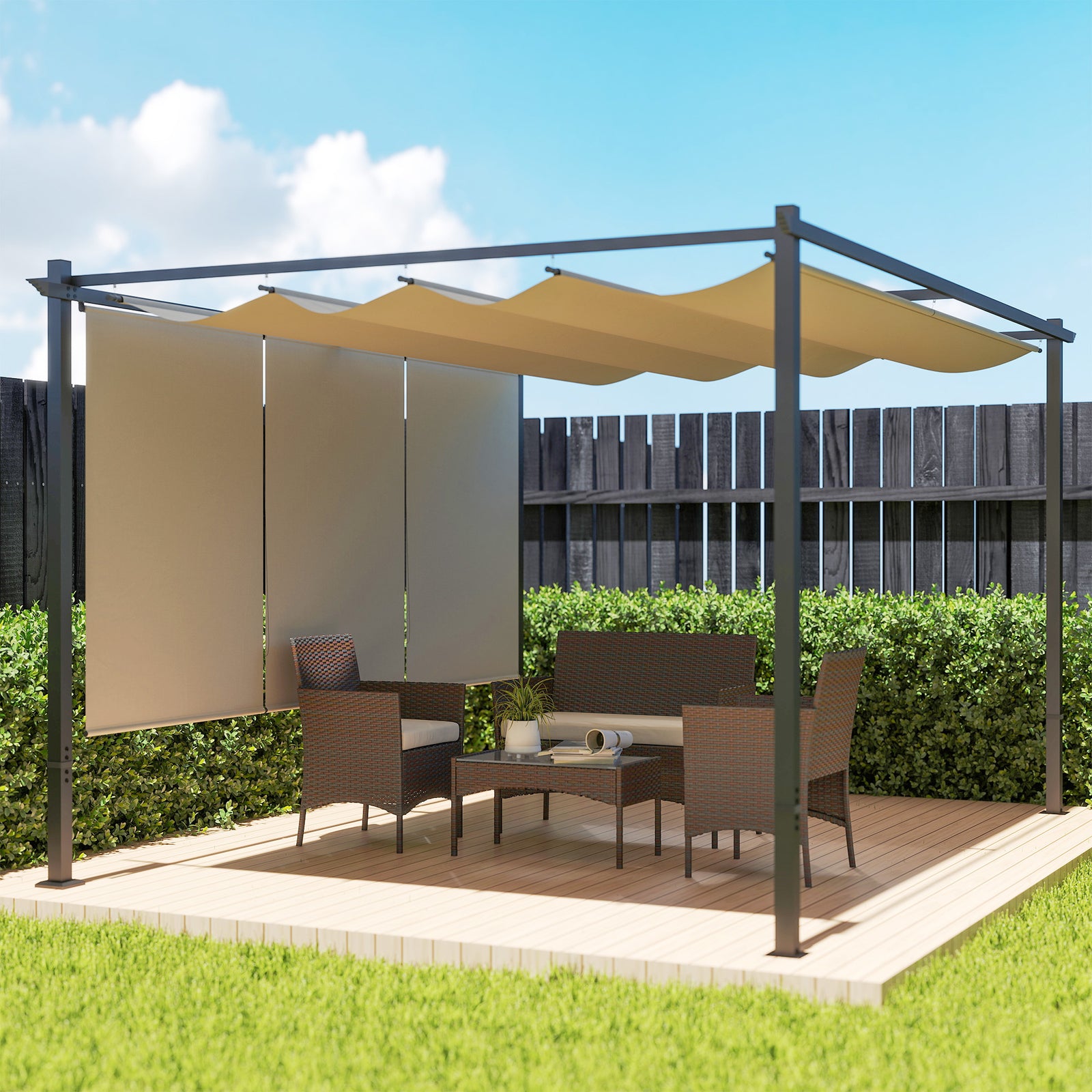 3 x 4m Metal Pergola with Retractable Roof and Roller Shade, Wall-Mounted or Free Standing Garden Gazebo Canopy Pergola Kit, UPF30+ Outdoor Sun Shade Shelter, Beige