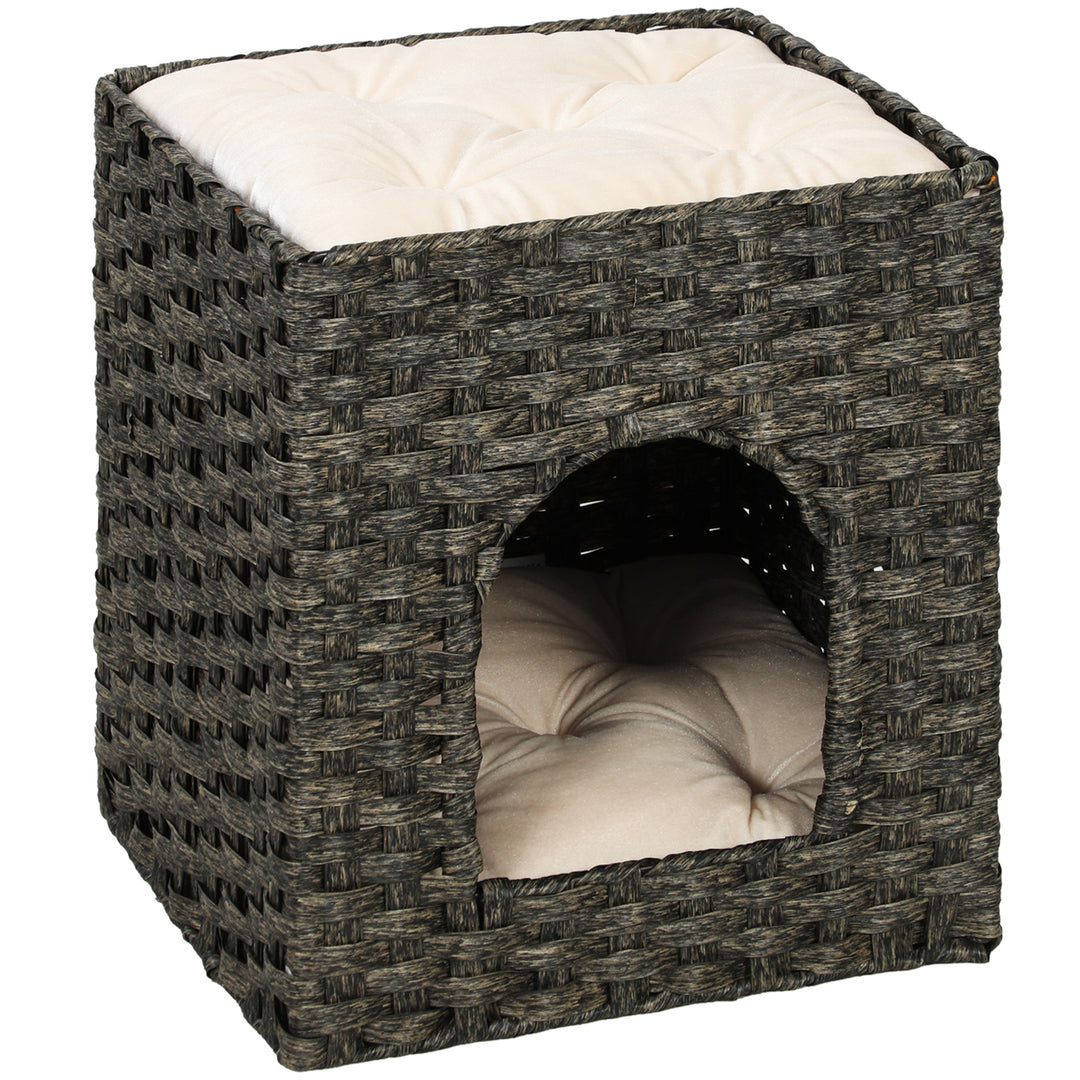 2-Tier Wicker Cat House, Handwoven Rattan Cat Bed with Washable Cushio