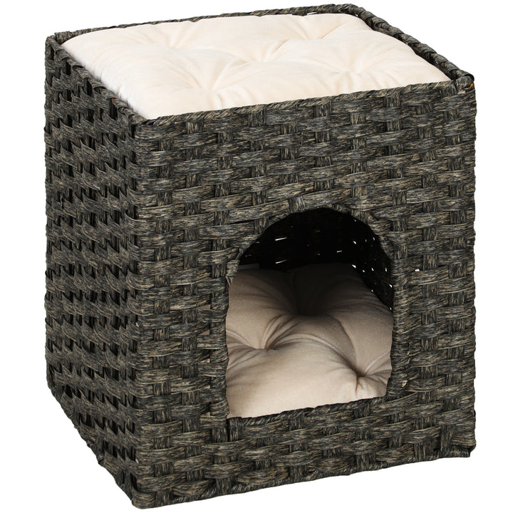 2-Tier Wicker Cat House, Handwoven Rattan Cat Bed with Washable Cushio