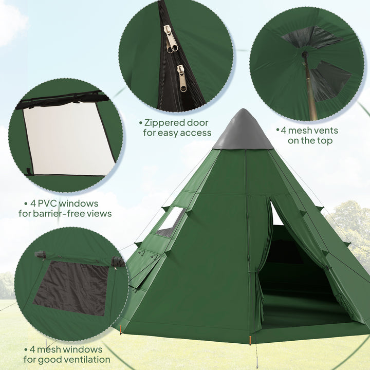 6 Men Tipi Tent with Carry Bag - Green