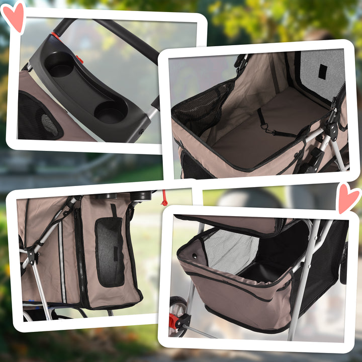 Dog Stroller, 3 Wheels Foldable Cat Dog Pram with Cup Holder, Storage Basket, Pet Stroller for Small Miniature Dogs, Brown
