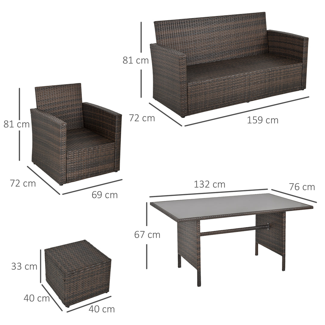 Six-Piece Rattan Sofa Set, with Glass-Top Table - Mixed Brown