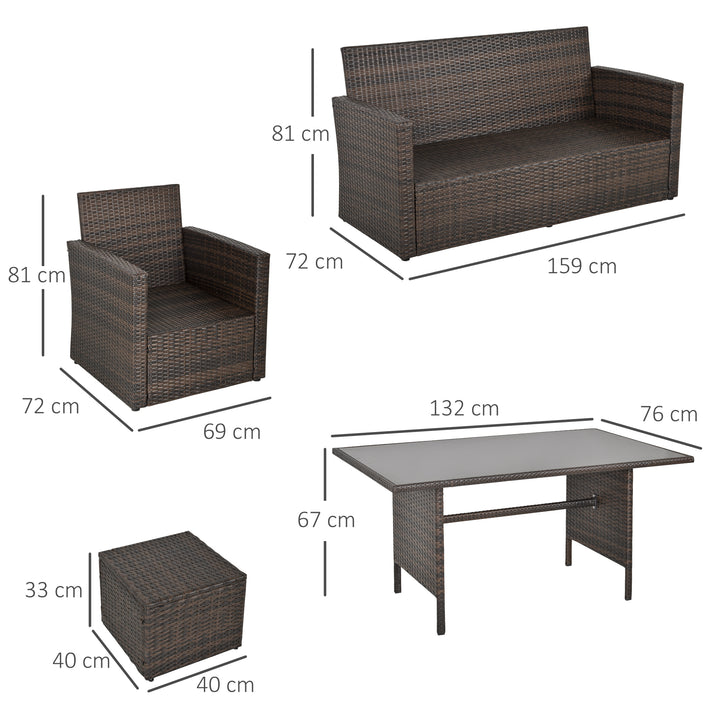 Six-Piece Rattan Sofa Set, with Glass-Top Table - Mixed Brown