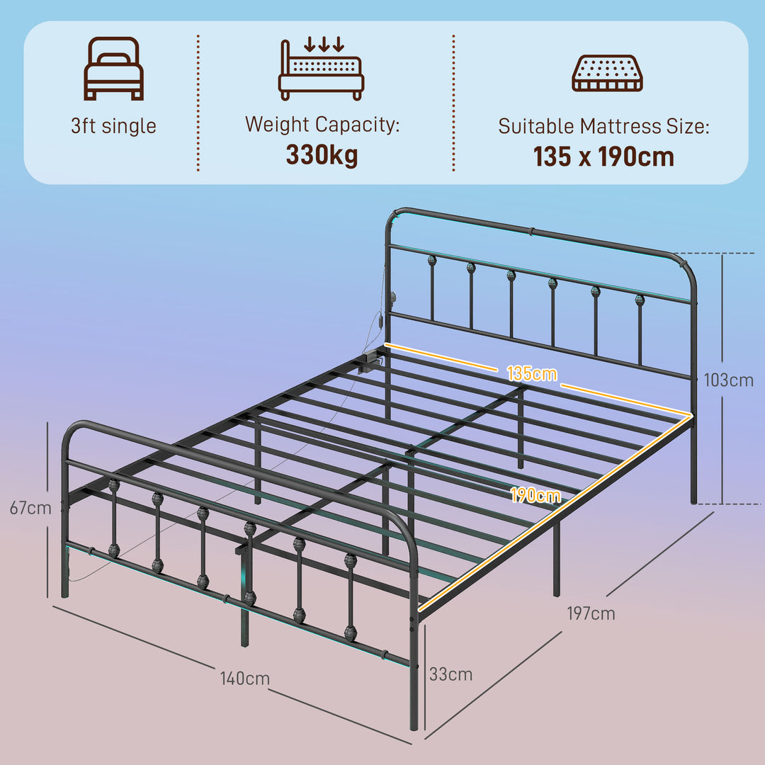 Double Bed Frame with LED Lights and Charging Station, Metal Platform Bed Frame with Under Bed Storage, Black