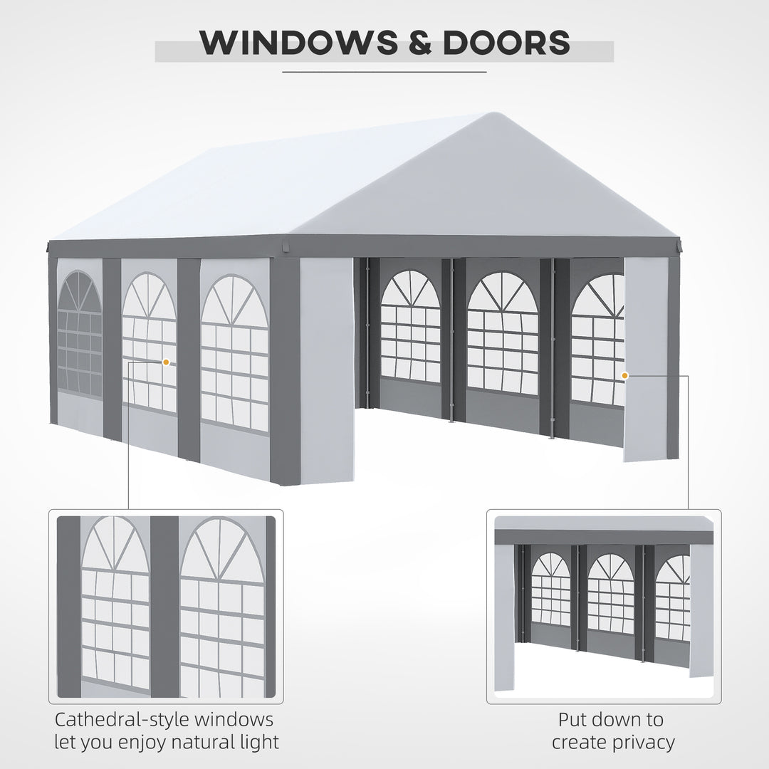 Outsunny 6 x 4m Galvanised Party Tent, Marquee Gazebo with Sides, Six Windows and Double Doors, for Parties, Wedding and Events, White and Grey