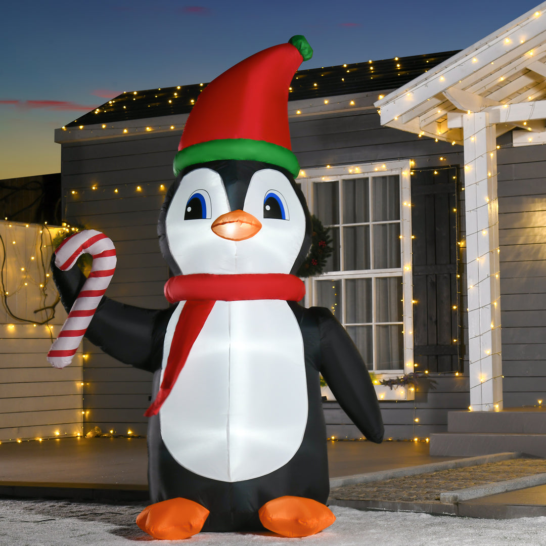 HOMCOM 2.5m Inflatable Christmas Penguin Holding Candy Cane Blow Up Outdoor Decoration with LED Lights for Holiday | Aosom UK