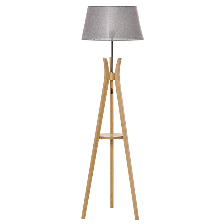 MCL Natural Wood Tripod Floor Lamp Light E27 Base Bedroom Living Room Fabric Shade Storage Shelf Foot Switch, 156cm, Grey