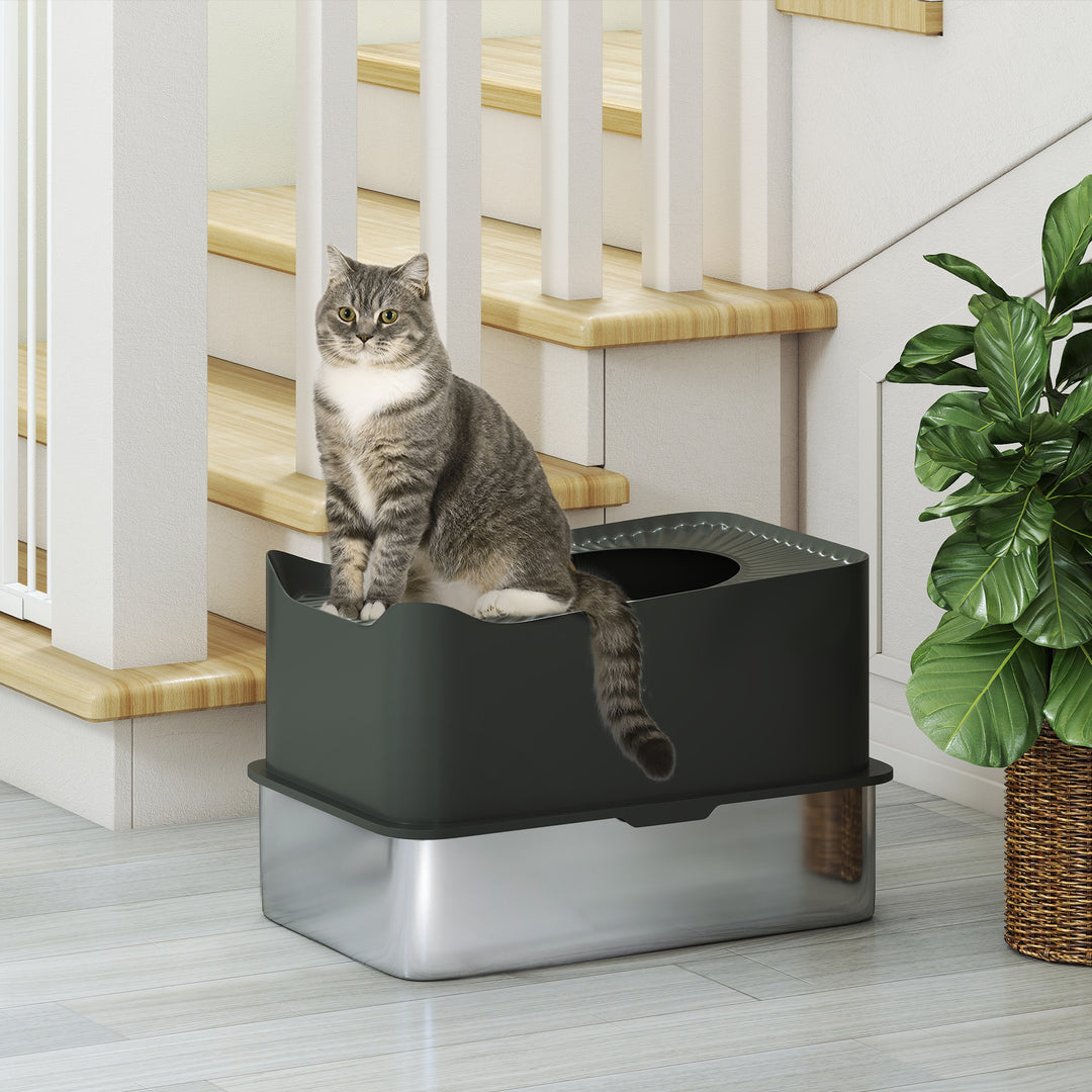 Stainless Steel Cat Litter Tray, Extra Large Enclosed Litter Box with Scoop, Top Entrance, Non-slip Pads, Dark Grey