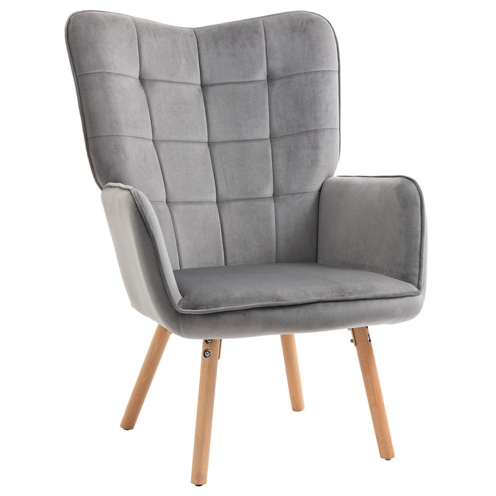 MCL Modern Accent Chair, Upholstered Tufted Wingback Armchair with Seat Padding, Velvet Leisure Lounge Bedroom Chair with Wood Legs, Grey