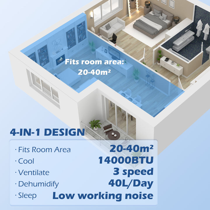 HOMCOM 14,000 BTU Mobile Air Conditioner for Room up to 40m², with Dehumidifier, 24H Timer, Wheels, Window Mount Kit | Aosom UK