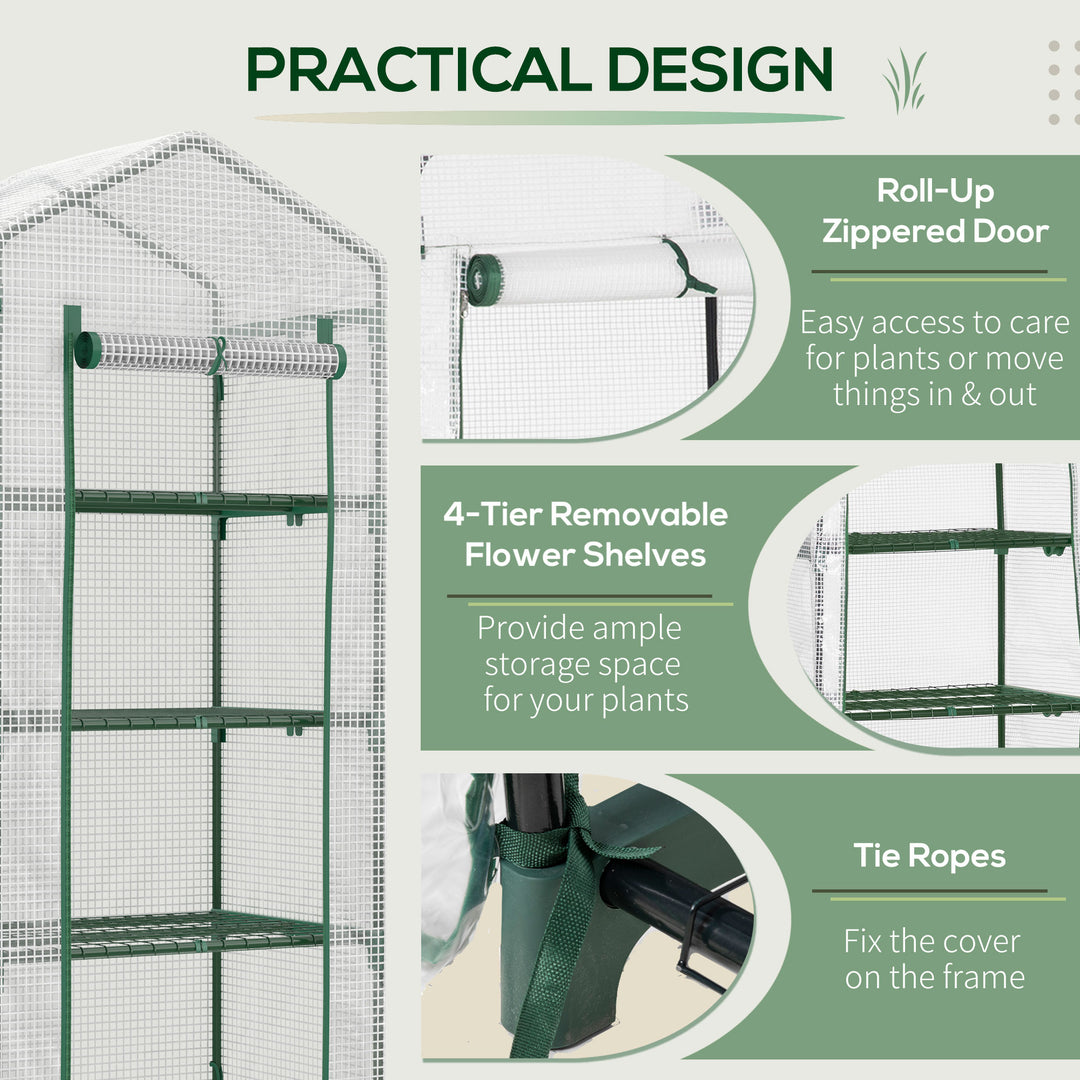 4 Tier Mini Greenhouse, Portable Compact Green House with Steel Frame, PE Cover, Roll-up Door, 70 x 50 x 160 cm, White