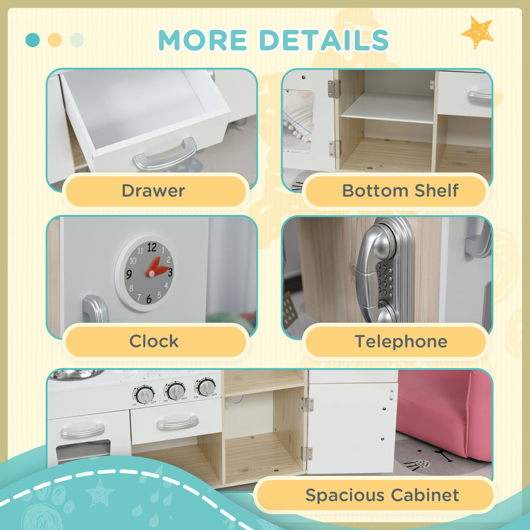 Kids Wooden Pretend Play Toy Kitchen Cooking Set Role Play Phone for Boys Girls White