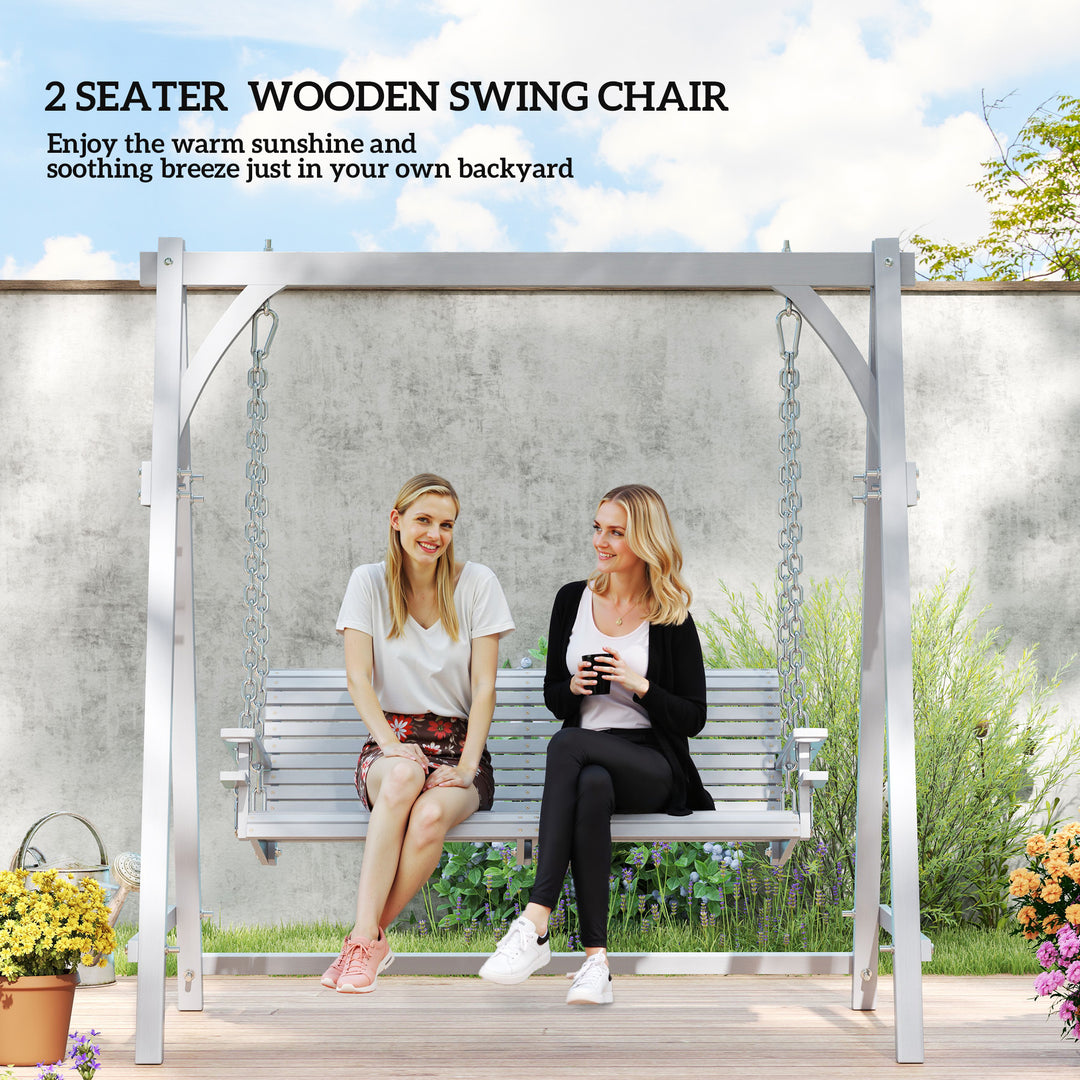 2 Seater Garden Swing Seat, Wooden Swing Chair Bench with Cup Holders for Outdoor Porch Patio, Grey