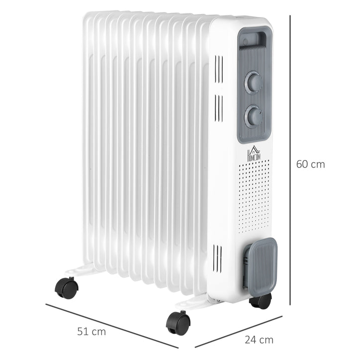 MCL 2500W Oil Filled Radiator, 11 Fin, Portable Electric Heater with 3 Heat Settings, Safety Cut-Off and Wheels, White
