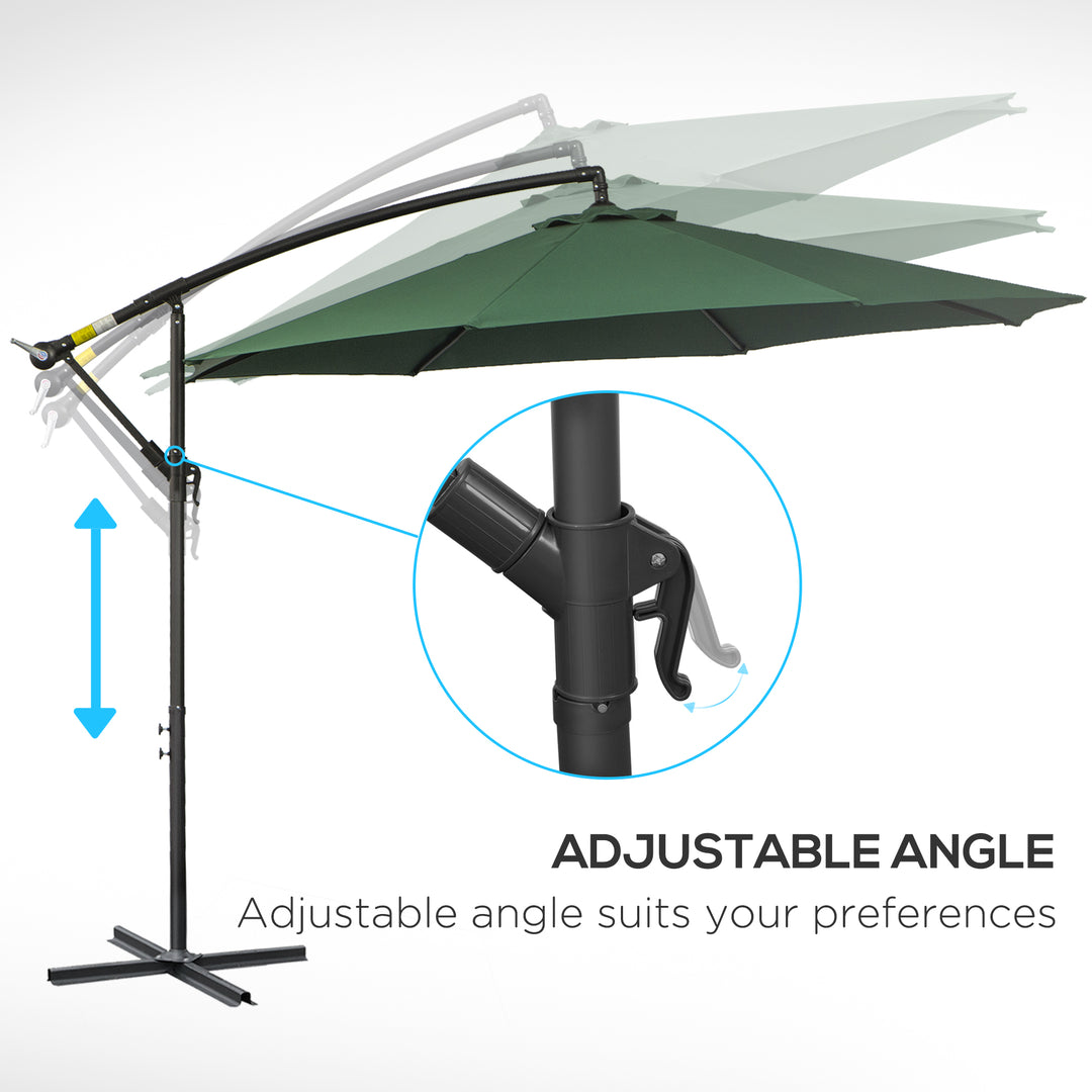 3(m) Banana Parasol Hanging Cantilever Umbrella with Crank Handle, 8 Ribs and Cross Base for Outdoor, Sun Shade, Dark Green