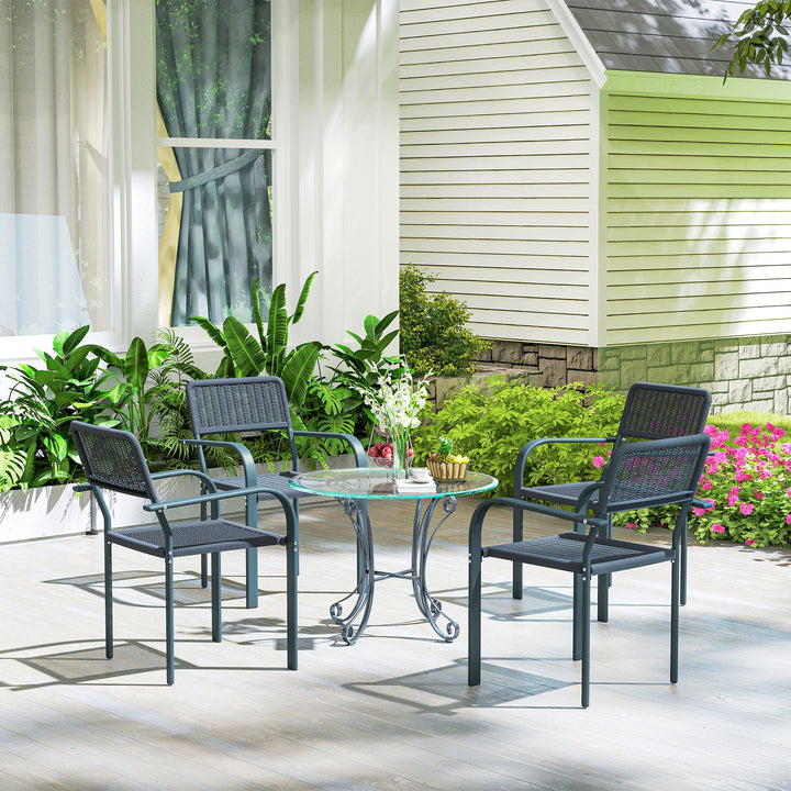 Garden Chairs Set of 4, Stackable Rattan Effect Dining Chairs with Armrest, Weather Resistant and Lightweight Outdoor Furniture Armchairs for Patio, Balcony, Terrace, Dark Grey