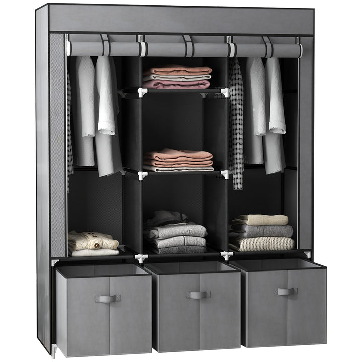 HOMCOM Fabric Wardrobe, Portable Wardrobe with 5 Shelves, 2 Hanging Rails and 3 Fabric Drawers, Foldable Closets, 125 x 43 x 162.5cm, Dark Grey