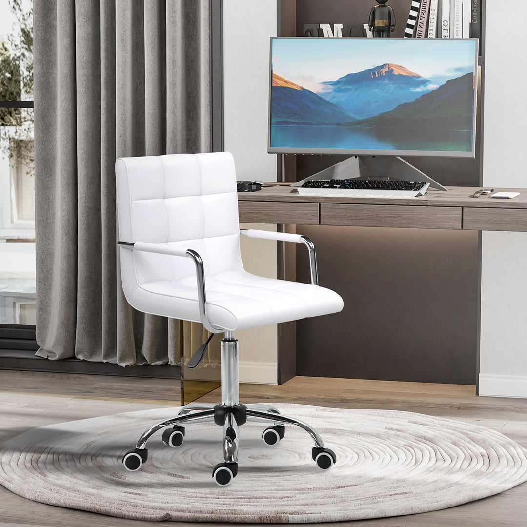 Office Chair, Makeup Vanity Chair, Mid Back Computer Chair, PU Leather Swivel Study Chair with Adjustable Height, Armrest and Rolling Wheels, White