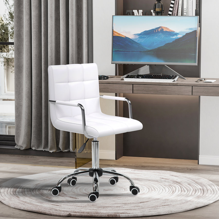 Office Chair, Makeup Vanity Chair, Mid Back Computer Chair, PU Leather Swivel Study Chair with Adjustable Height, Armrest and Rolling Wheels, White