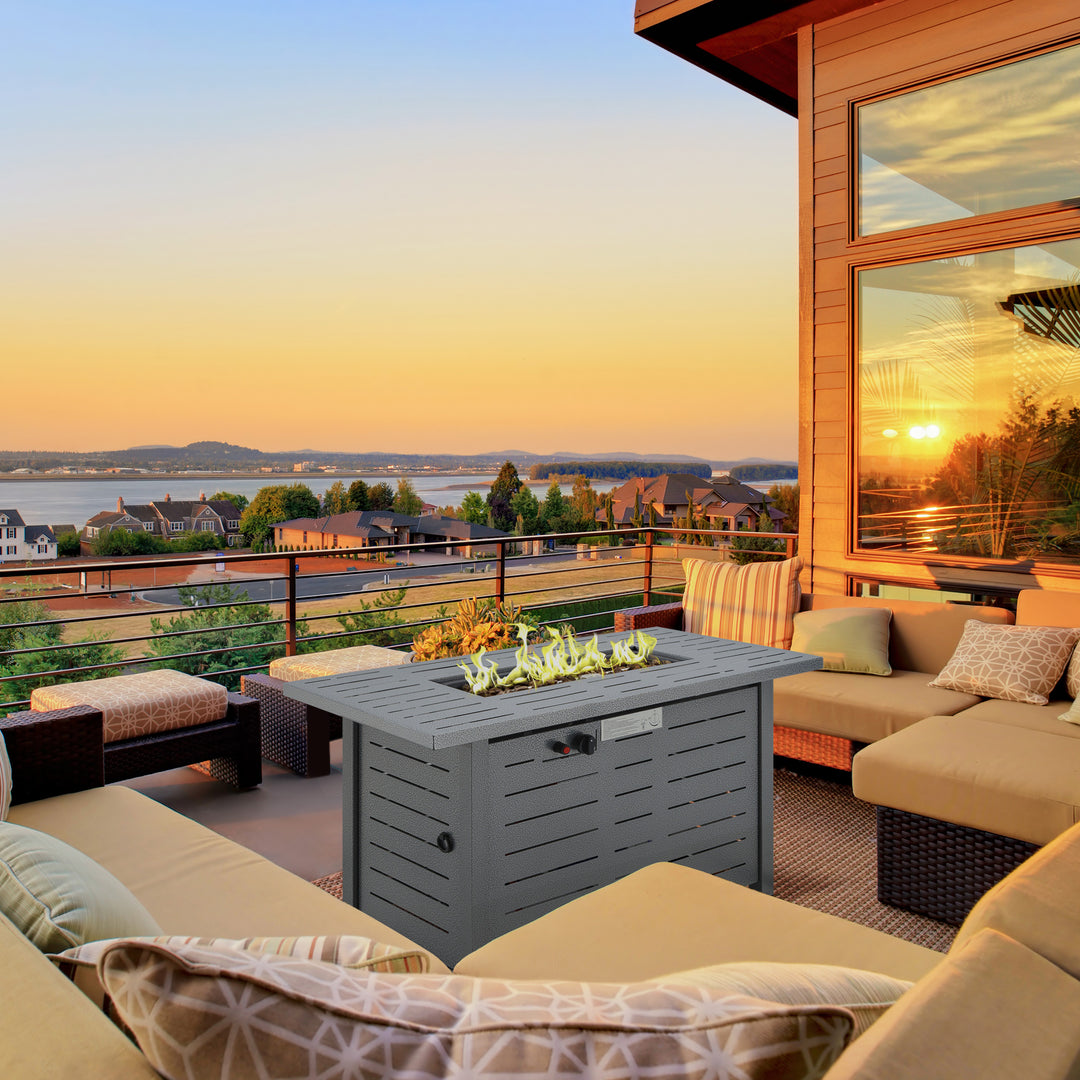 MCL Propane Gas Fire Pit Table, 50000BTU Smokeless Firepit Outdoor Patio Heater with Protective Cover, Lava Rocks and Lid, 107cm x 51cm x 63cm, Silver Grey