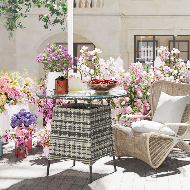 Wicker Garden Rattan Table, Patio Furniture Outdoor Coffee Table with Umbrella Hole and Tempered Glass Top, Grey