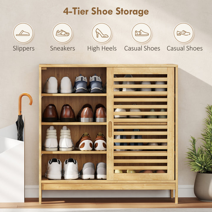 Bamboo Shoe Cabinet with 2 Sliding Slat Doors, 16Pairs, Adjustable She