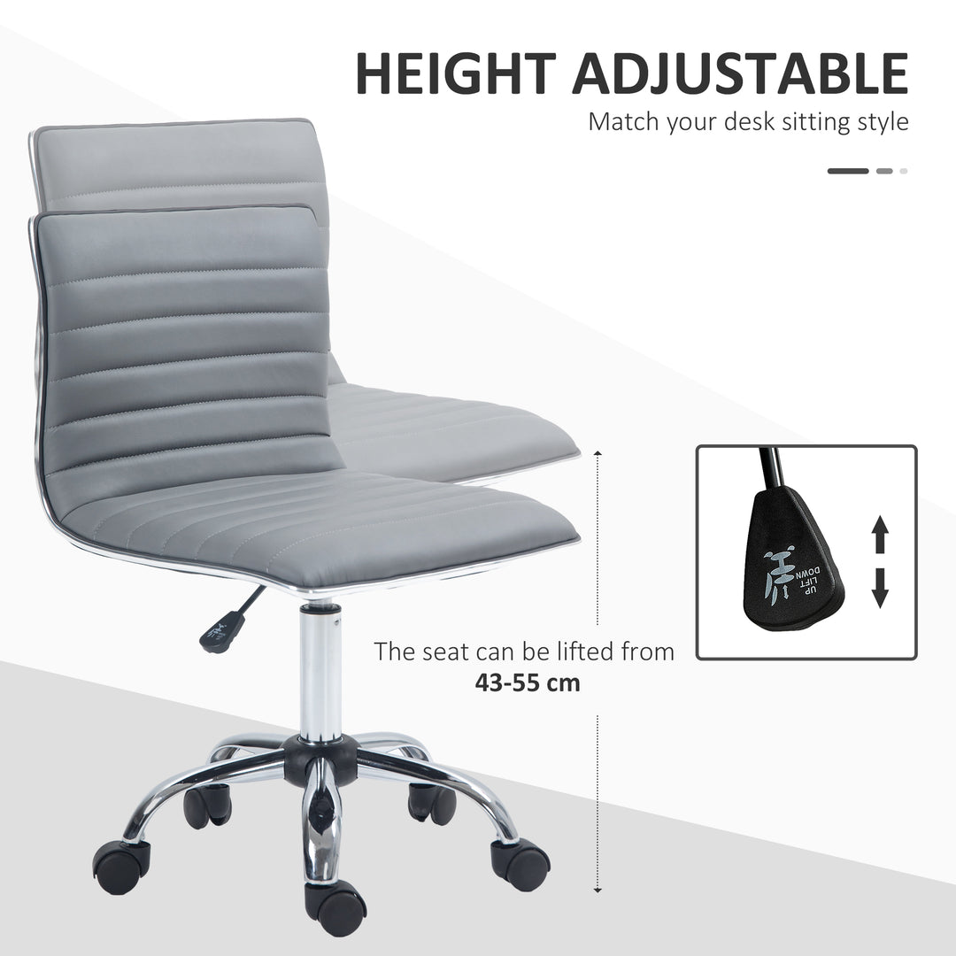 Armless Task Desk Chair, Swivel Office Chair with Faux Leather, Adjustable Seat Height, Chrome Base, Wheels for Home, Light Grey