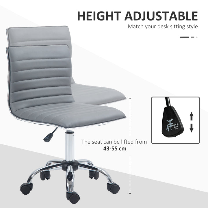 Armless Task Desk Chair, Swivel Office Chair with Faux Leather, Adjustable Seat Height, Chrome Base, Wheels for Home, Light Grey
