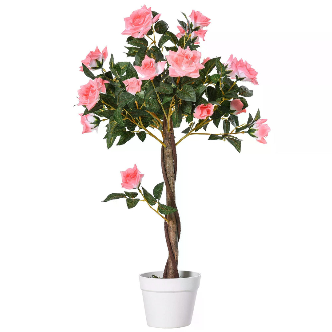 Outsunny Artificial Rose Tree: 90cm Fake Plant with 21 Flowers, Pink & Green Indoor/Outdoor Home Office Decor | Aosom UK